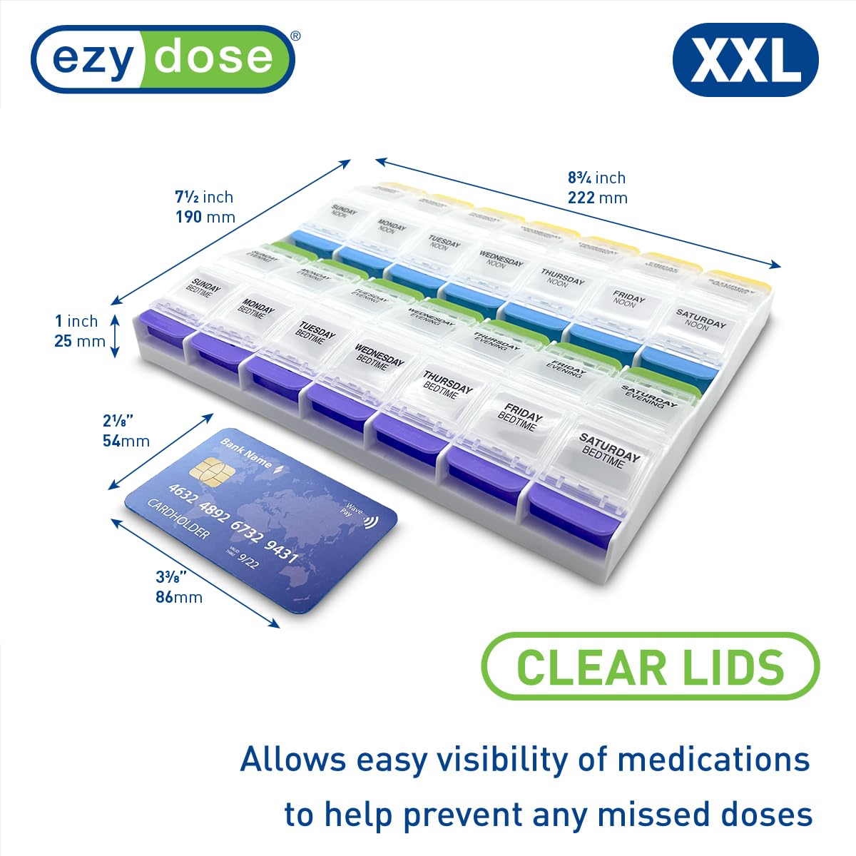 Weekly (7-Day) Pill Organizer, Vitamin Container, and Daily Medicine Planner, 2X-Large Push Button Compartments
