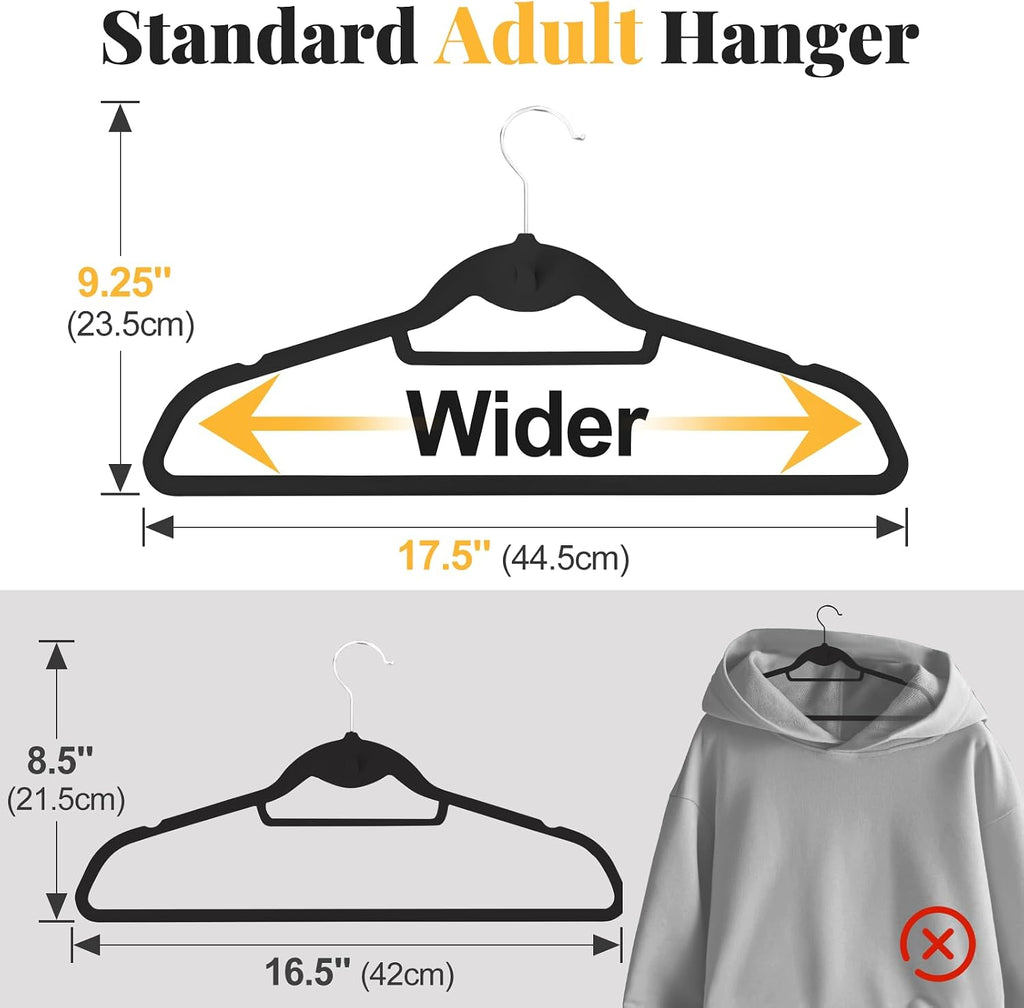 Velvet Felt Stackable Hangers 50 Pack, Thin & Space Saving, Black | Non Slip, 15Lbs Capacity Heavy Duty With 360°