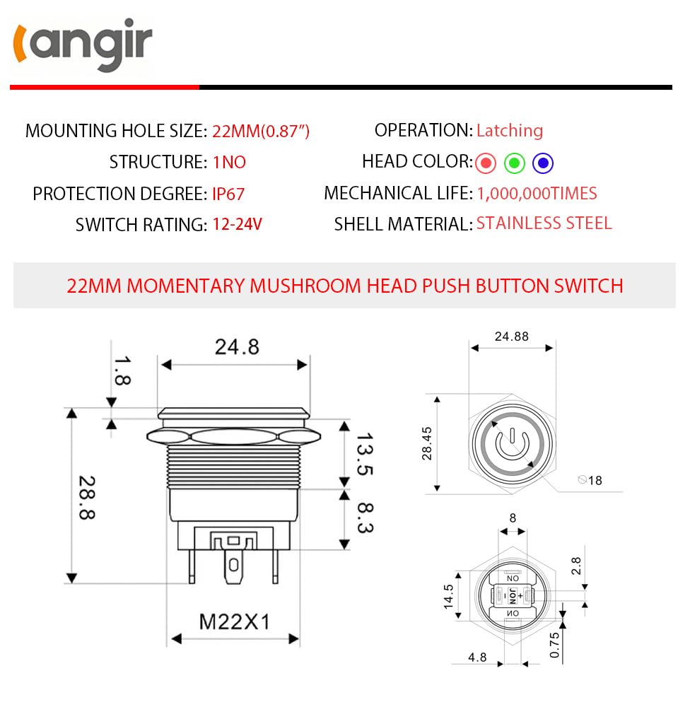 15Amp Push Button Switch，22mm(0.866") 12V-24V Latching Push Button Switch AC/DC IP67 Waterproof LED Angel Eye Light On and Off with Wire Socket
