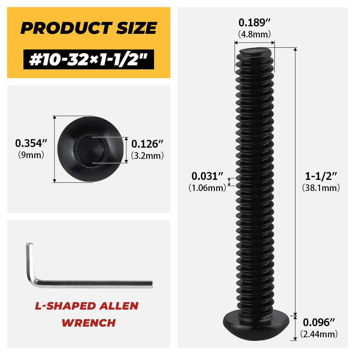 50pk #10-32 x 1-1/2" Black Button Head Hex Socket Cap Screws, 304SS + Key