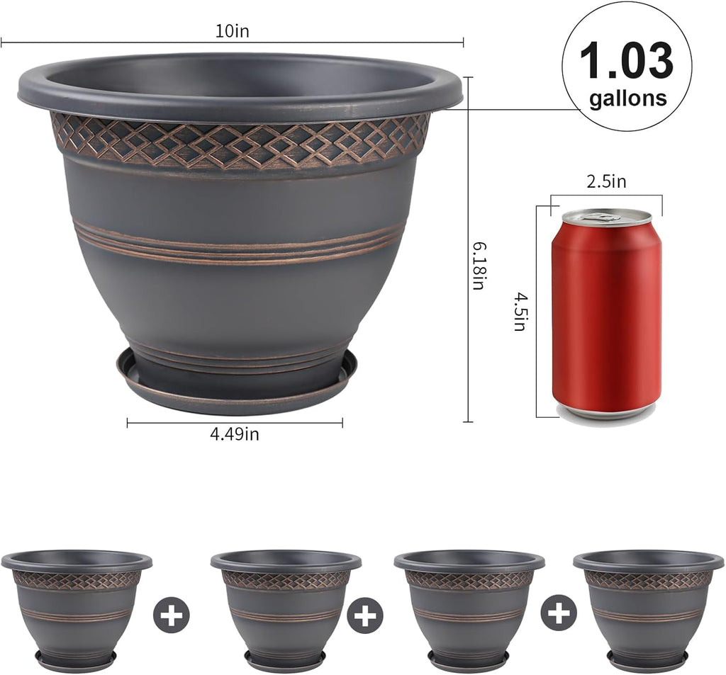 10 Inch Plaid Plant Pots 4 Pack with Drainage and Saucers Copper | Copper plaid PP pots with drainage holes and