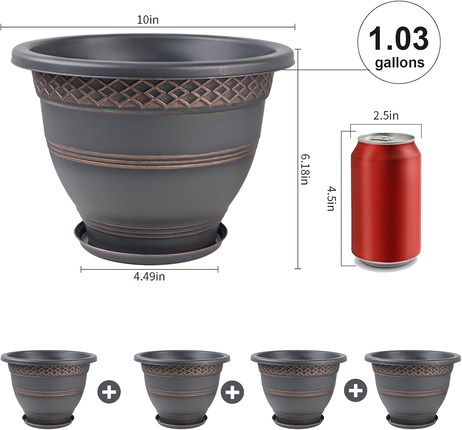10 Inch Plaid Plant Pots 4 Pack with Drainage and Saucers Copper | Copper plaid PP pots with drainage holes and