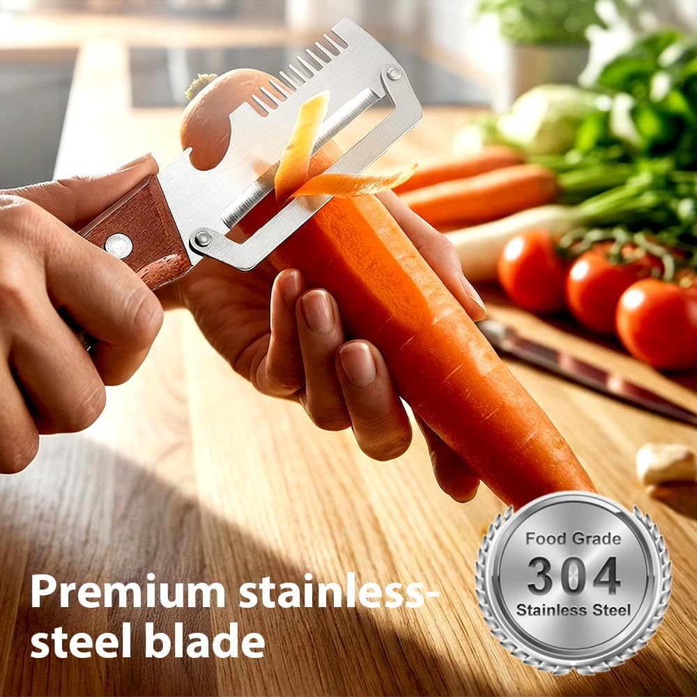 Premium Vegetable Peeler with Wooden Handle and Bottle Opener, 2026 Upgrade Multifunctional Vegetable Peeler for