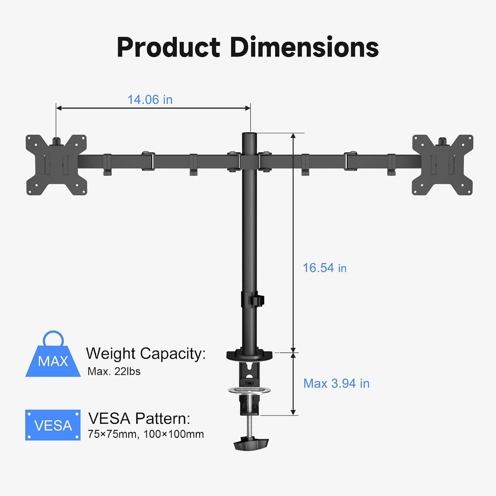 Dual Monitor Mount for 2 Screens up to 32 Inches and 22lbs Each | Adjustable Monitor stand, Tilt, Swivel, Rotate
