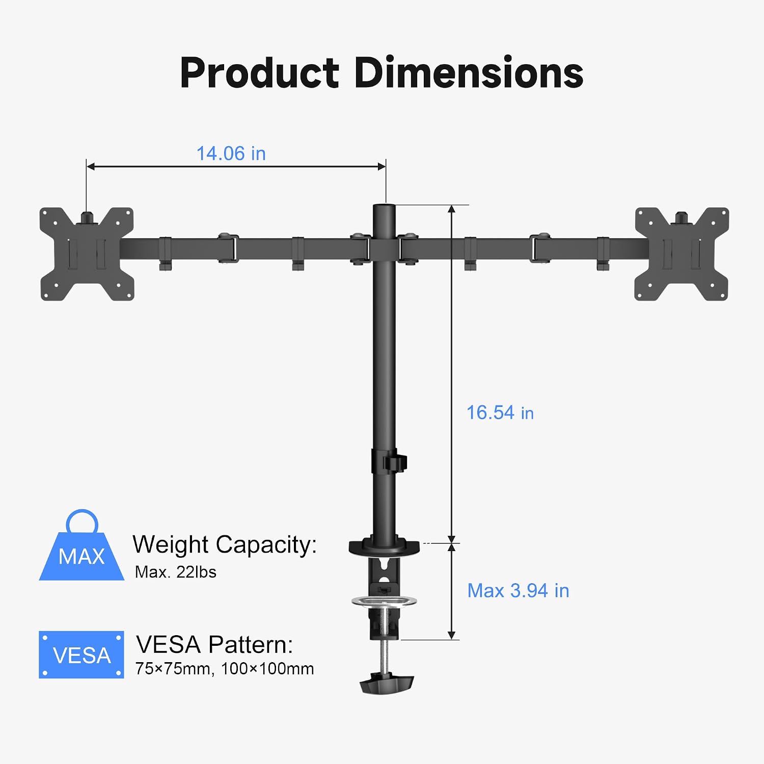 Dual Monitor Mount for 2 Screens up to 32 Inches and 22lbs Each | Adjustable Monitor stand, Tilt, Swivel, Rotate