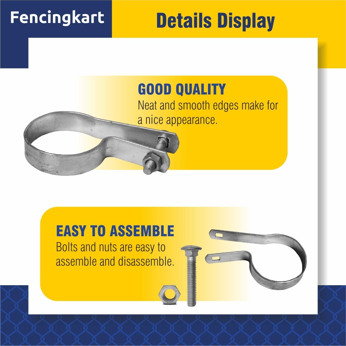 Galvanized Tension Band for Chain Link Fence, 1-5/8" inch, with Nuts & Bolts, 20 Pieces (Silver Galvanized, 1-5/8")