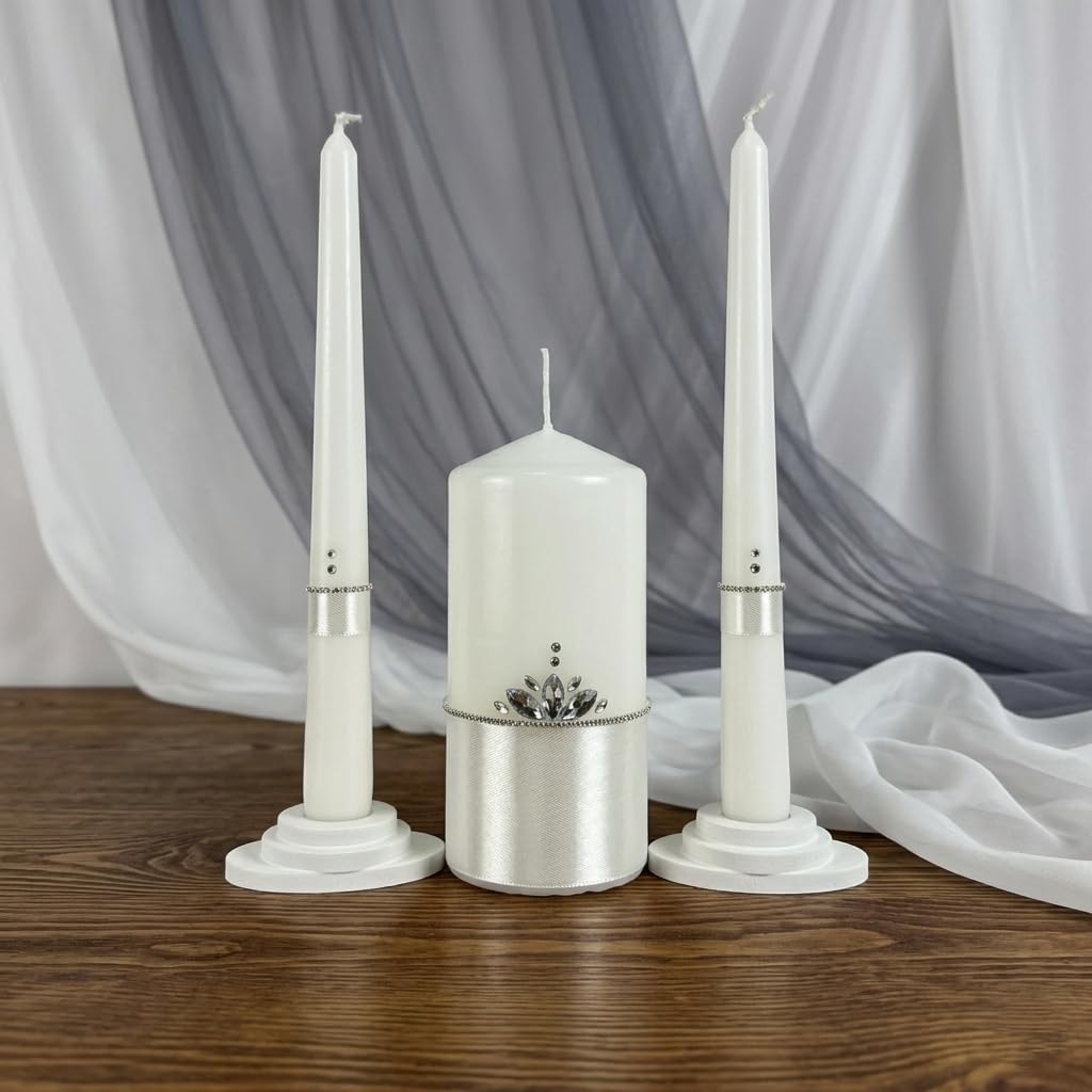 Crystal Satin Unity Candle Set for Wedding Ceremony Personalized Look, White 6" Pillar & 2 Taper 10" Marriage