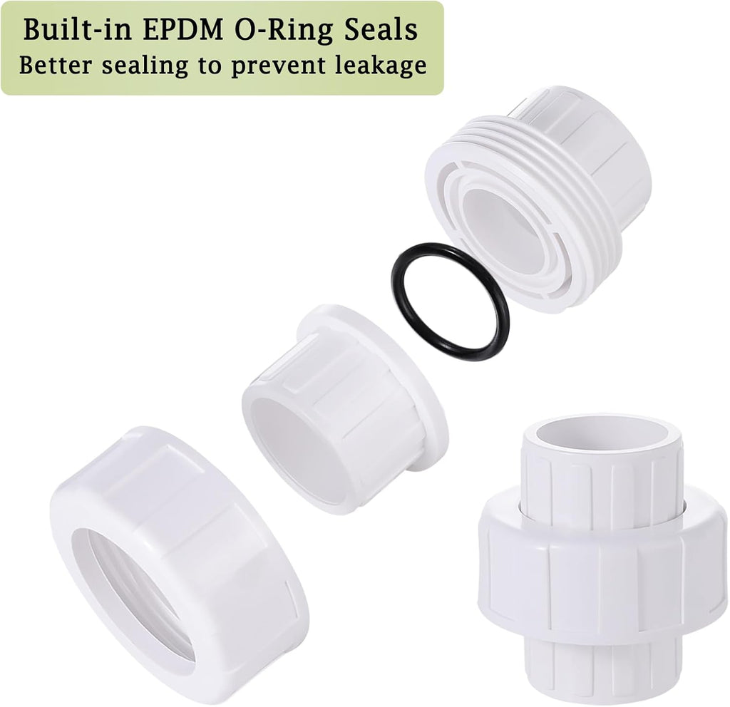 1" PVC Union Pipe Fitting, 1" PVC Slip Union Coupling Adapter (Socket x Socket) Schedule 40, EPDM O-Ring, White，4 Pack