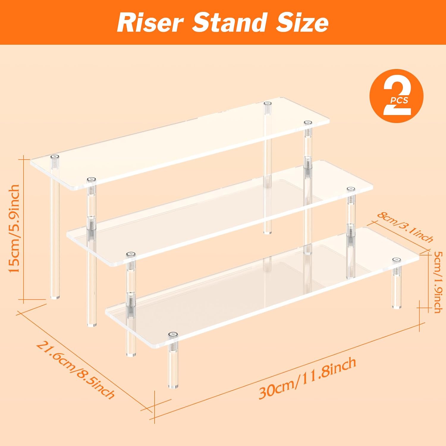 3 Tier Acrylic Display Risers, Large Perfume Organizer Stand (2 Pack) | Clear Cupcake Stand Holder, Display Shelves