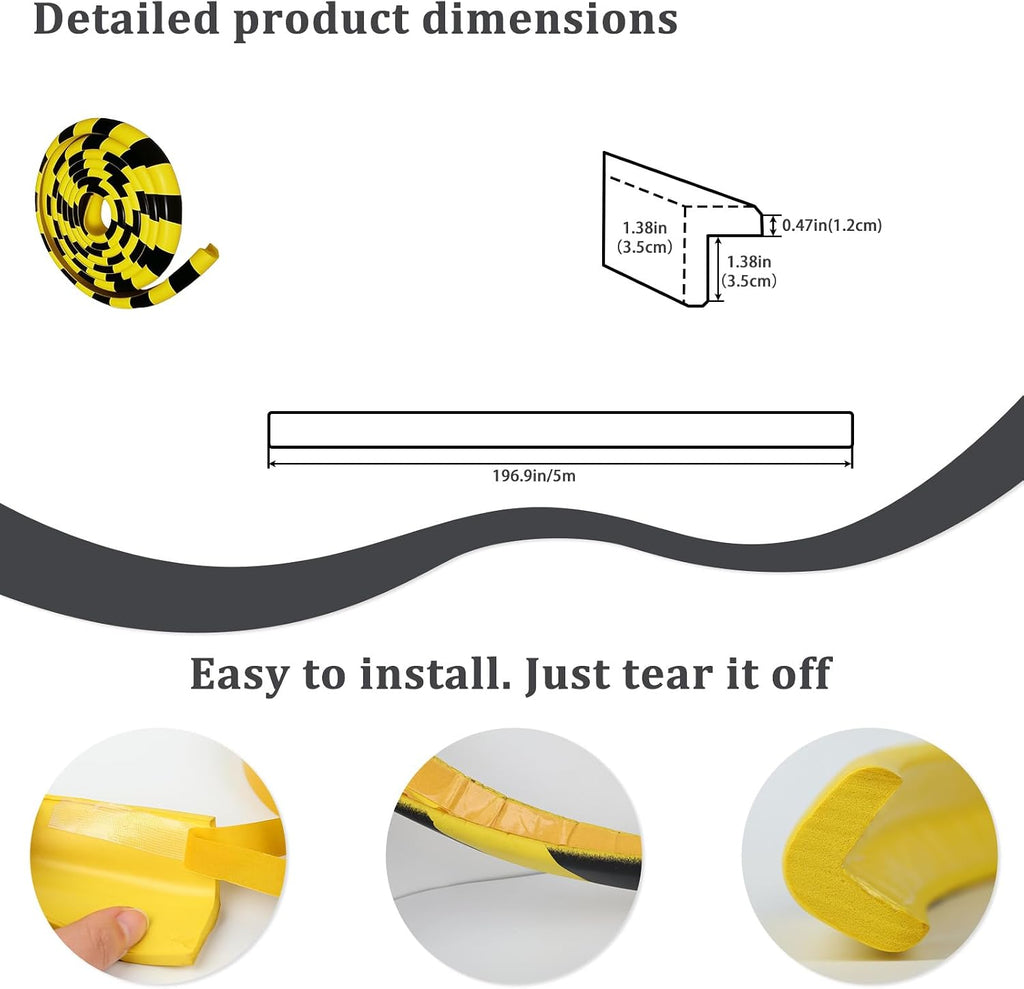 Wall Edge Corner Guards 196.9in (5m), Yellow & Black Foam Protector Padding with Self Adhesive Backing for Garage