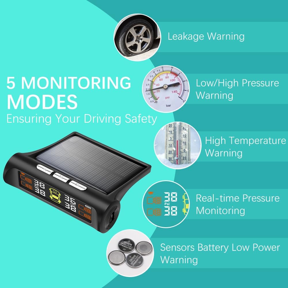 Tire Pressure Monitoring System - TPMS Tire Pressure Monitor System with Solar Charger, TPMS with 4 External sensors