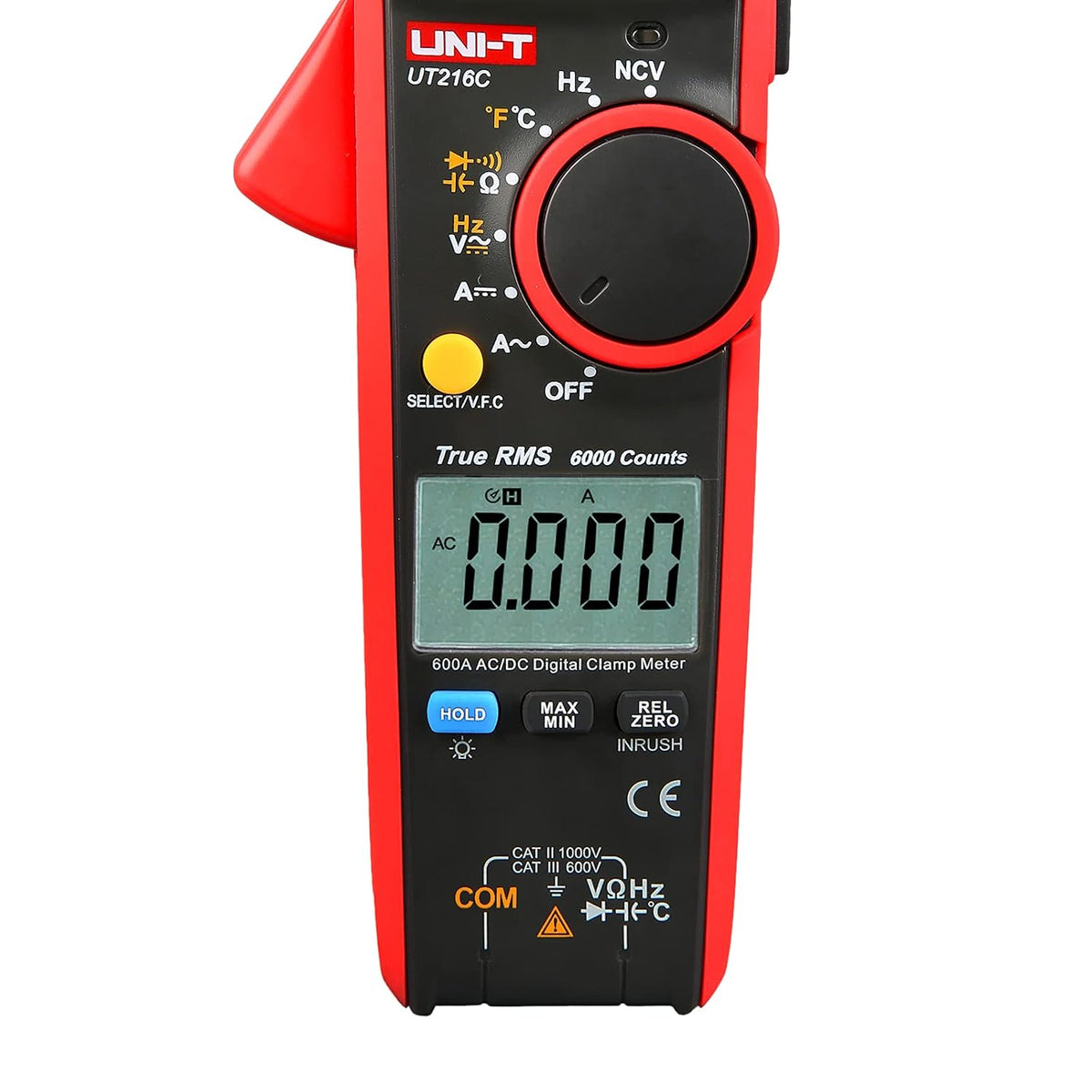 UNI-T Clamp Meter UT216C, Inrush Current AC/DC 600A TRMS HVAC Volt Amp Ohm Meter Multi Meter, Auto Ranging 6,000 Counts, Voltage Frequency Resistance Capacitance Temperature Continuity Diode Tester