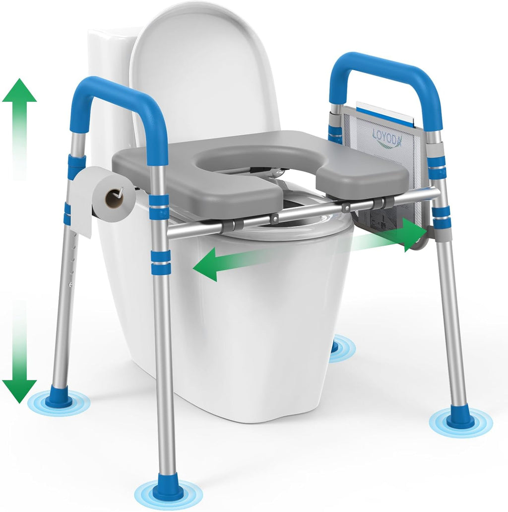 Raised Toilet Seat with Handles, Padded Toilet Seat Risers for Seniors, Adjustable Height & Width Toilet Riser