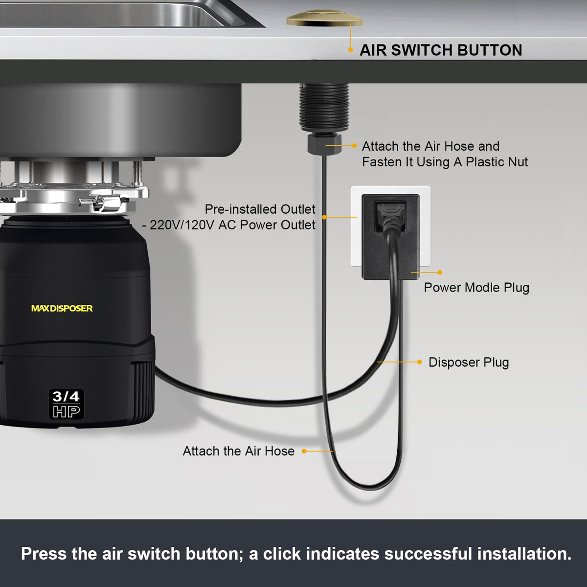 Garbage Disposal Air Switch Kit, Sink Button Food Waste Disposals Part On/Off Air Button Stainless Steel (Golden Brass Brushed, LONG/3.6")