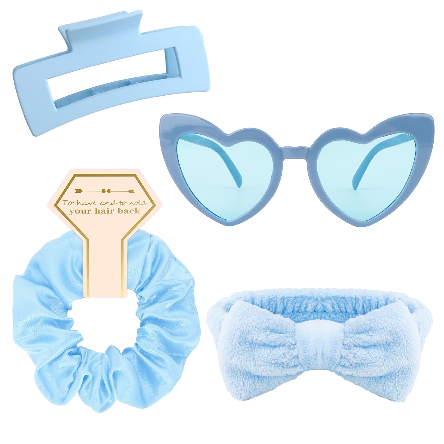 4 Pcs Blue Bridesmaid Proposal Gifts Bridesmaid Spa Headband, Hair Claw Clips, Heart Shaped Sunglasses and Smooth