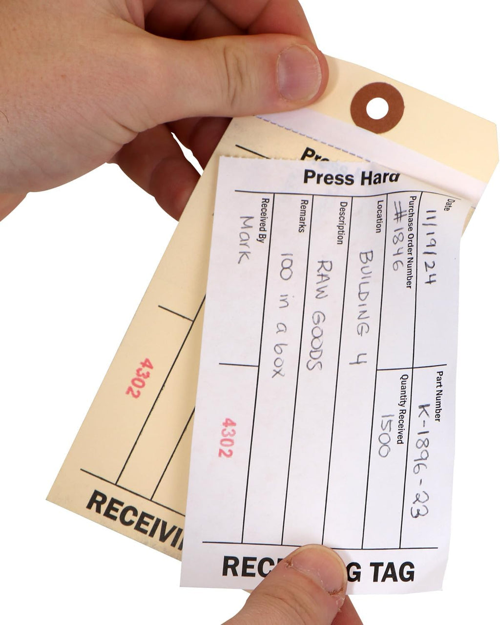 100-Pack 2-Part NCR Receiving Tags with Adhesive Strip - 6.25"x3.125", Thick Manila Tags with 60# Tear-Off NCR Paper