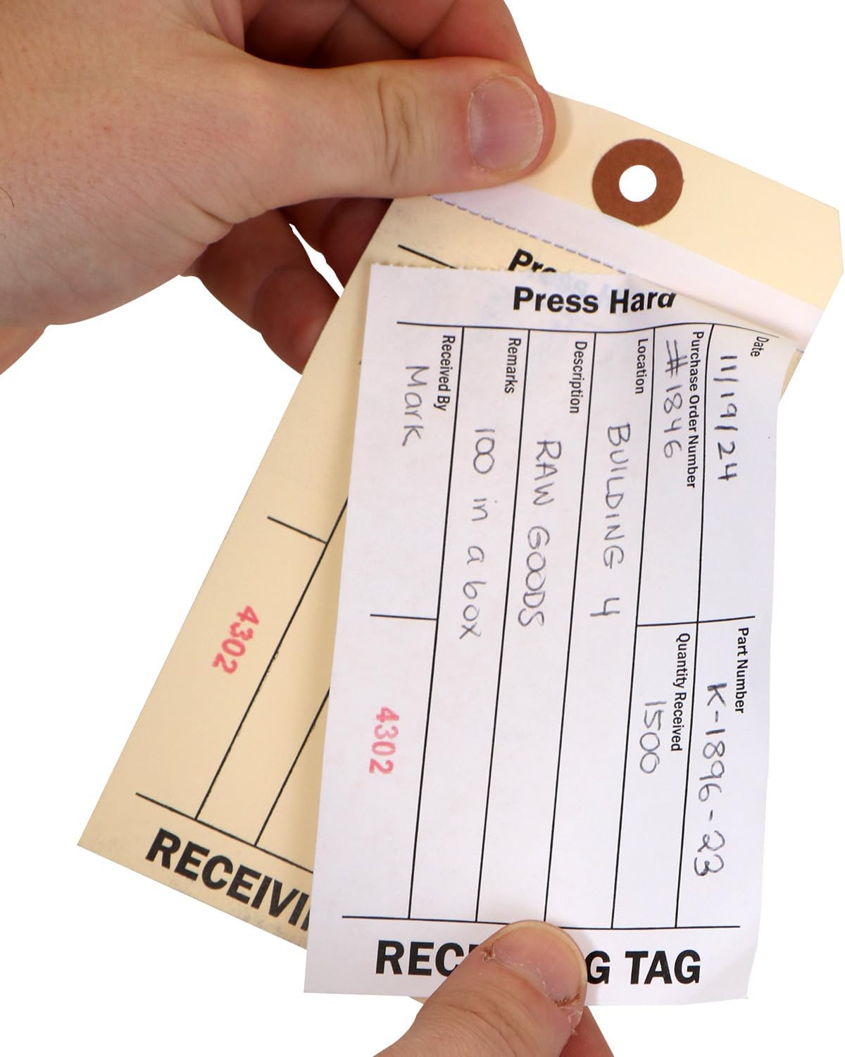 100-Pack 2-Part NCR Receiving Tags with Adhesive Strip - 6.25"x3.125", Thick Manila Tags with 60# Tear-Off NCR Paper