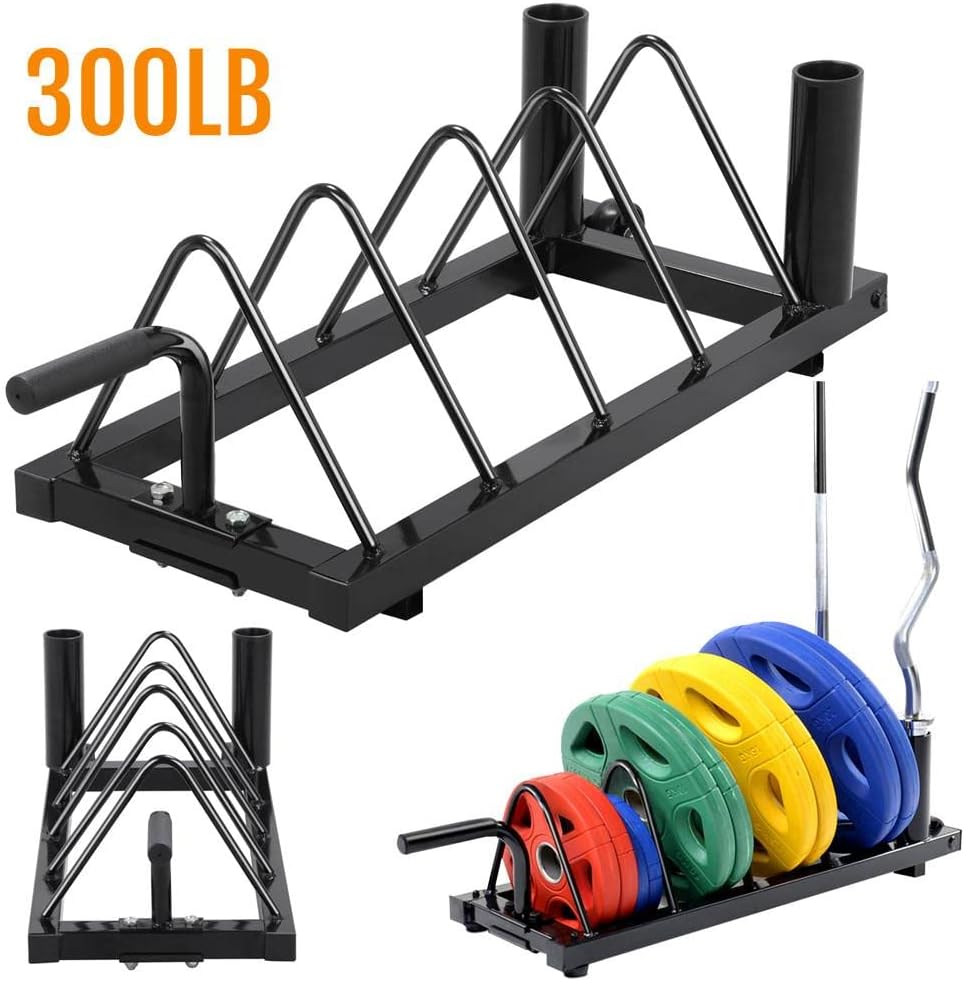 Horizontal Bumper Weight Plate Rack, 2 Barbell Holders and Wheels | Heavy-duty iron frame stores up to 300 lbs of
