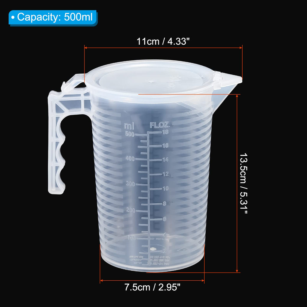 Graduated Beaker, 500ml PP Plastic Liquid Measuring Cup Double Sided Black Graduations with Handle Lid and Spout for