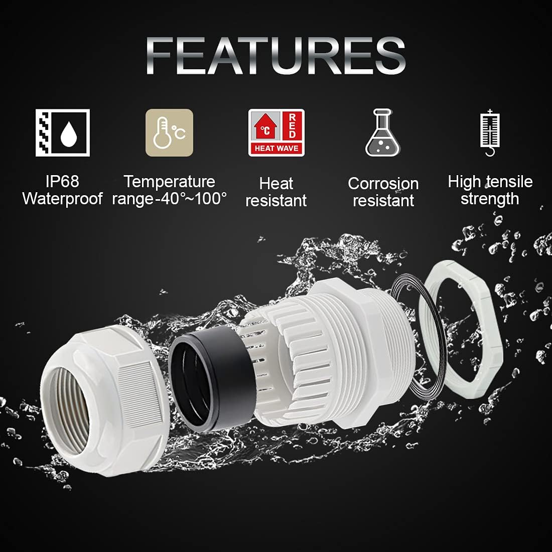 5 Pack NPT 1/2" Cable Glands Waterproof Adjustable 6-12mm Cable Connectors Grey Nylon Joints with Gaskets