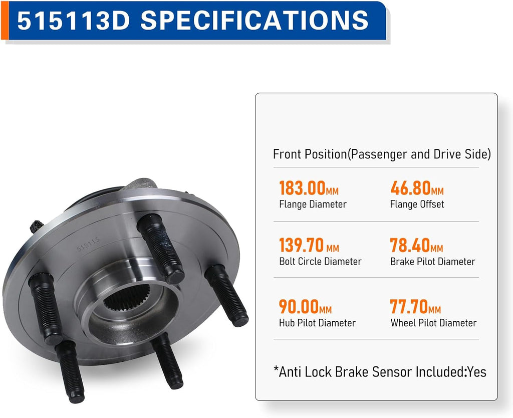 PAROD 515113 Pair Front Wheel Bearing & Hub Assembly Compatible with 2006 2007 2008 Dodge Ram 1500 w/ABS 5Lugs