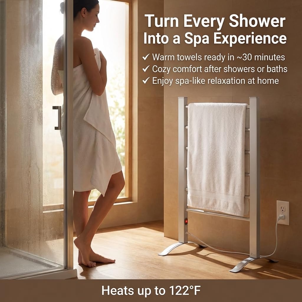 TW300 Towel Warmer Rack for Bathroom – 6-Bar Electric Heated Towel Rack, Wall Mounted or Freestanding Setup, Plug-In