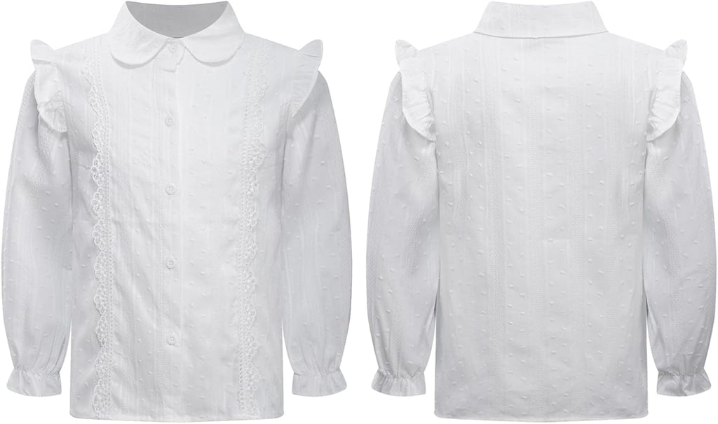 Girls' Long Sleeve Button Down Shirt Cotton Oxford Blouse Tops Kids School Uniform Ruffle Dress Shirts