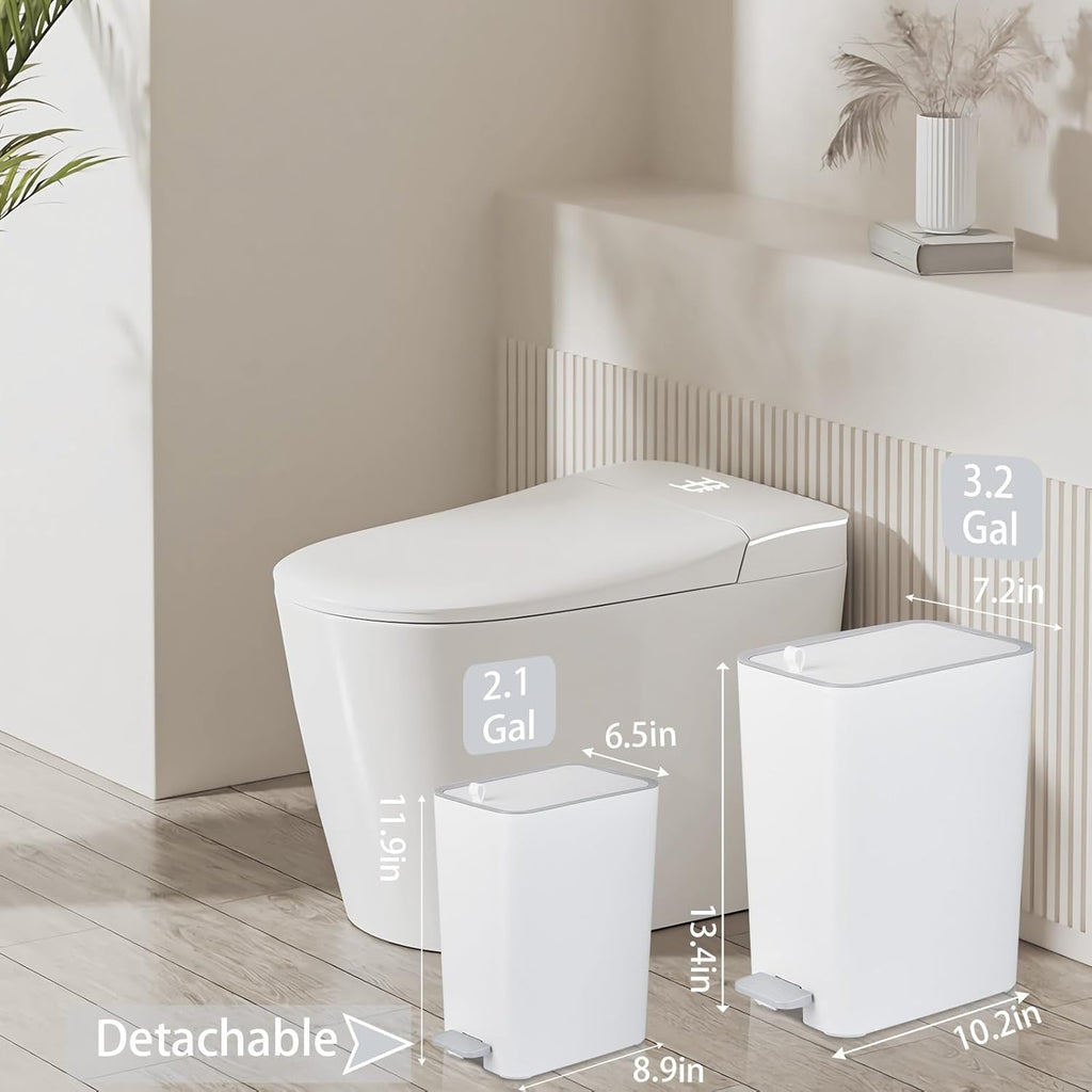 Small Bathroom Trash Can with Lid, 2.1 Gallon Slim Step Trash Can, White | Mini Garbage Can with Handle for Bedroom