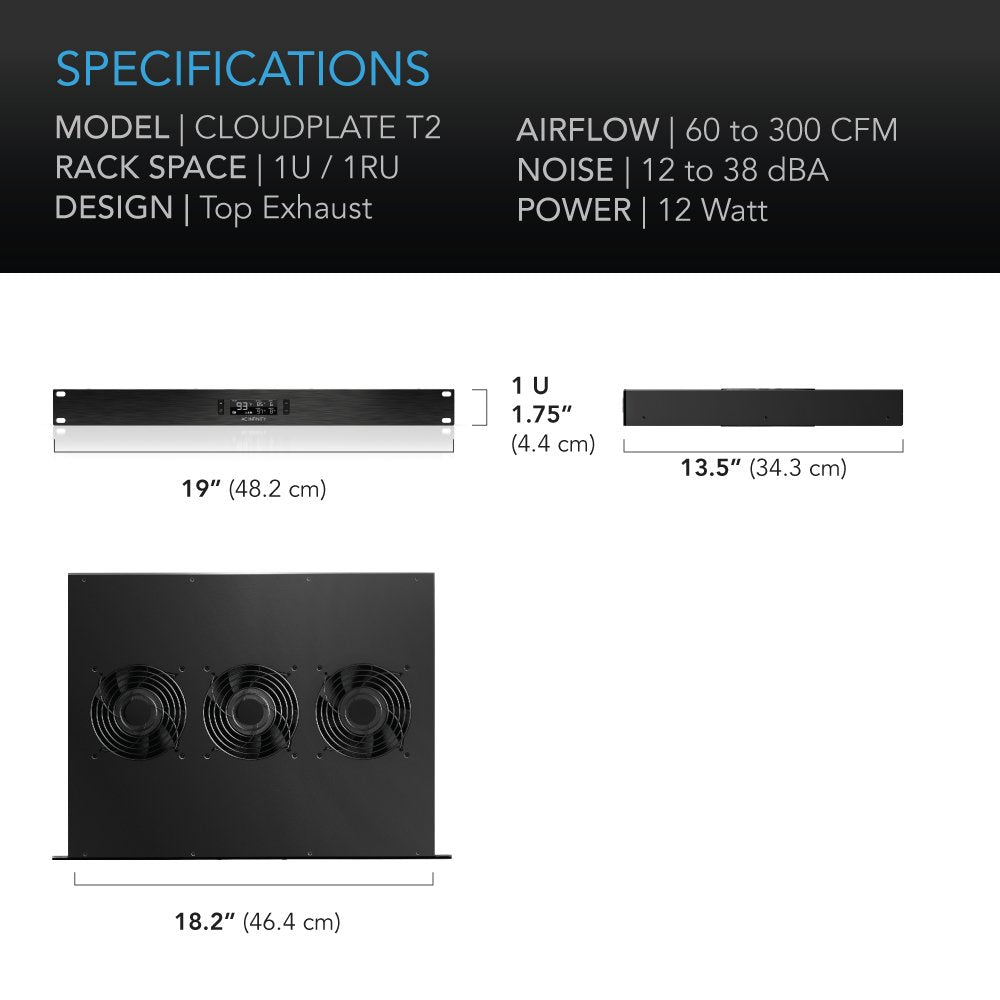 AC Infinity CLOUDPLATE T2, Rack Mount Fan 1U, Top Exhaust Airflow
