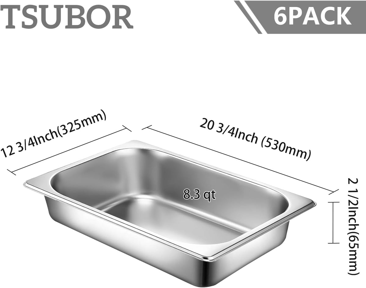 6 Set Hotel Pans Full Size 2.5" Deep Stainless Steel Steam Table Pan w/Lids