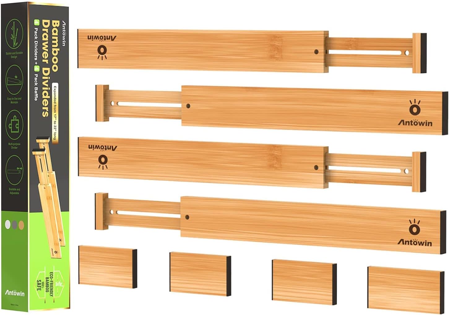 Bamboo Drawer Dividers Organizers, Drawer Separators Splitter,17-22 inches Long Adjustable Spring-loaded Organizer