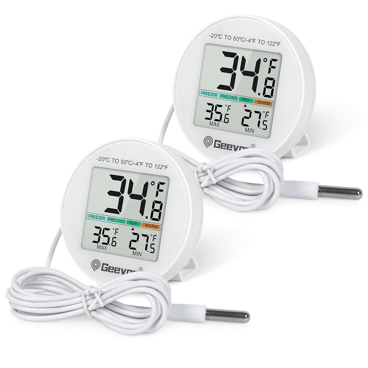 Refrigerator Thermometer 2 Pack IP65 Waterproof, with External Sensor, Fridge Temperature Monitor for Home