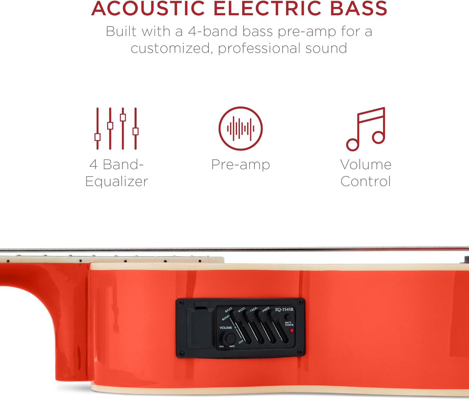 Acoustic Electric Bass Guitar, Full Size 4 String, Fretted Bass Guitar w/Padded Gig Bag - Red