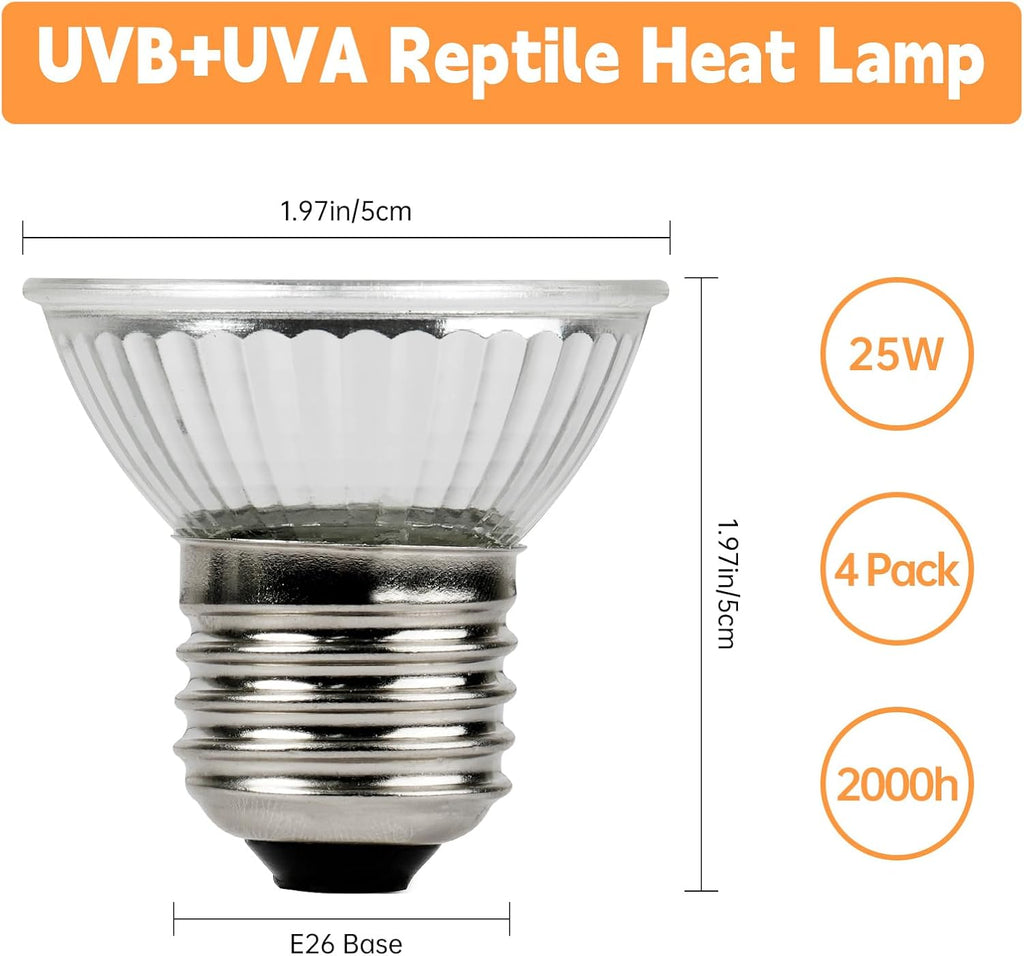 Reptile Heat Lamp, UVA UVB Heat Lamp Bulbs, E26 Turtle Heat Lamp Bulbs 25W 4Pack, Basking Light for Bearded Dragon