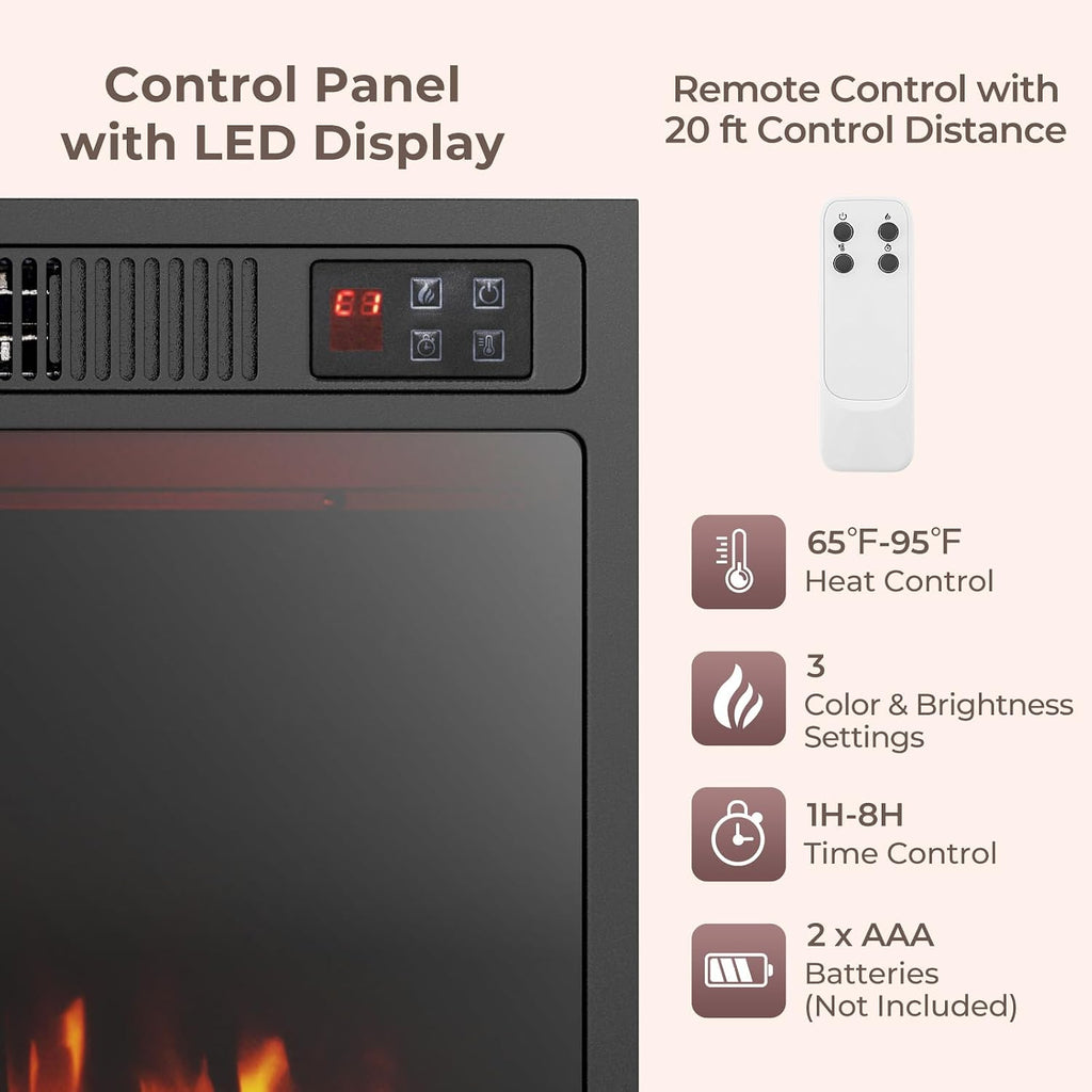 23-inch Electric Fireplace Inserts - 750W/1500W Fireplace Heater w/3 Flame Color, Adjustable Crystal Brightness