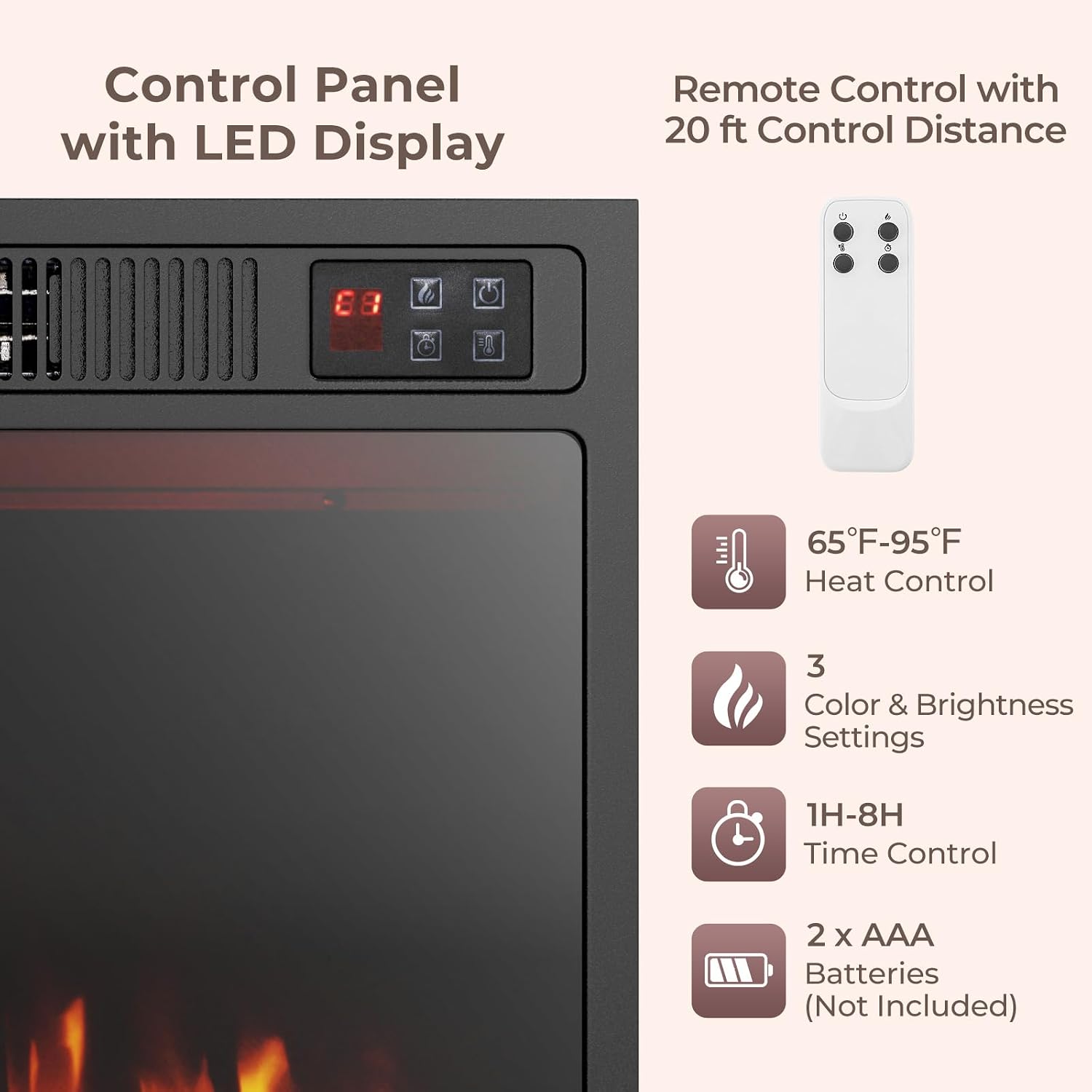 23-inch Electric Fireplace Inserts - 750W/1500W Fireplace Heater w/3 Flame Color, Adjustable Crystal Brightness
