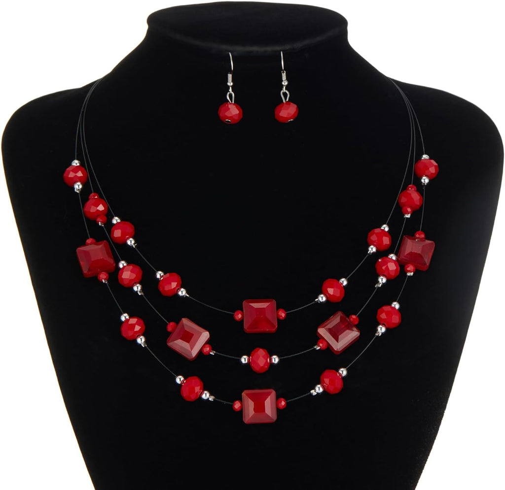 Layered Silver Beaded Necklace for Women Square Crystal Beads Statement Collar Necklace and Earrings Fashion Costumes