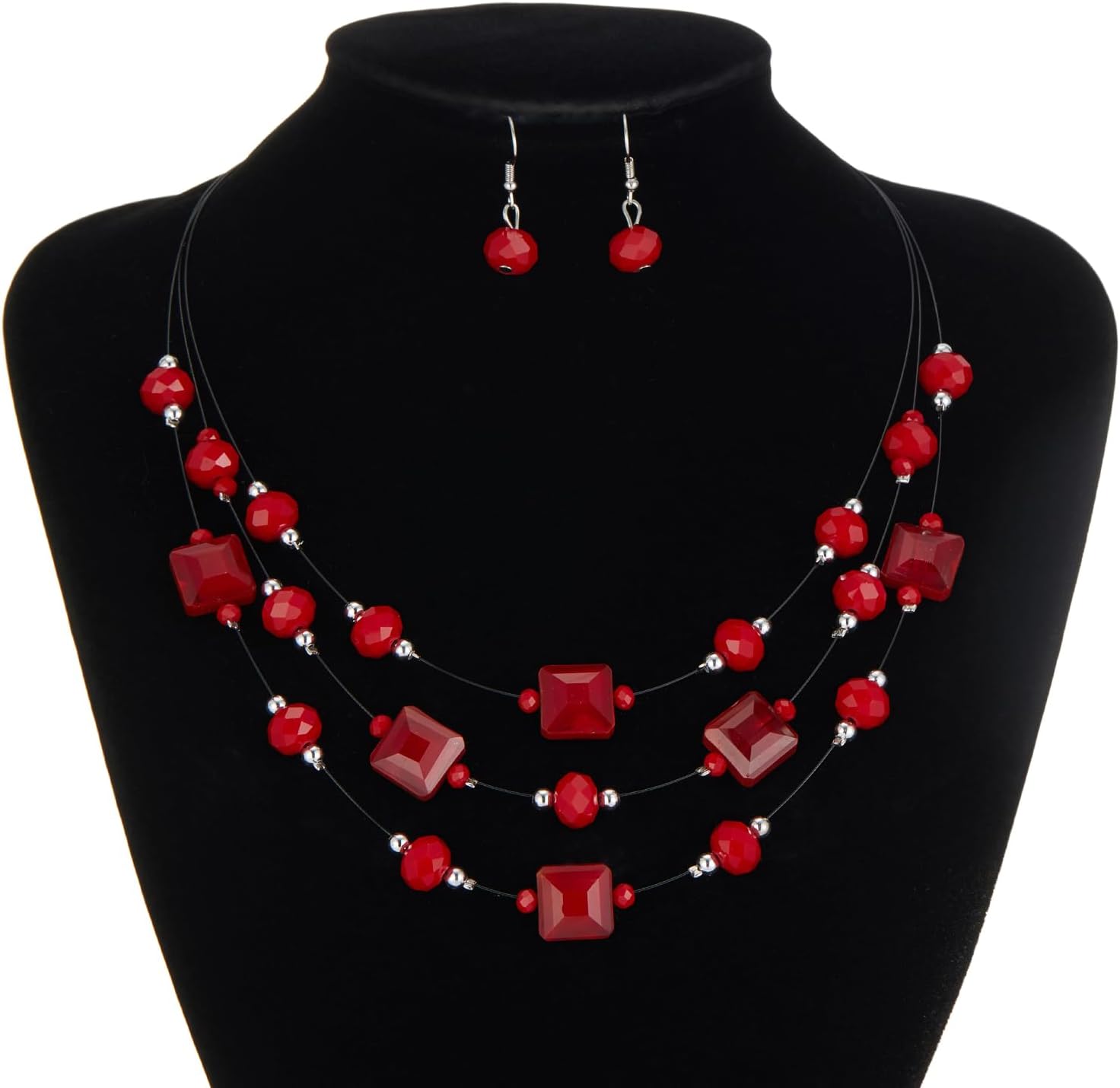 Layered Silver Beaded Necklace for Women Square Crystal Beads Statement Collar Necklace and Earrings Fashion Costumes