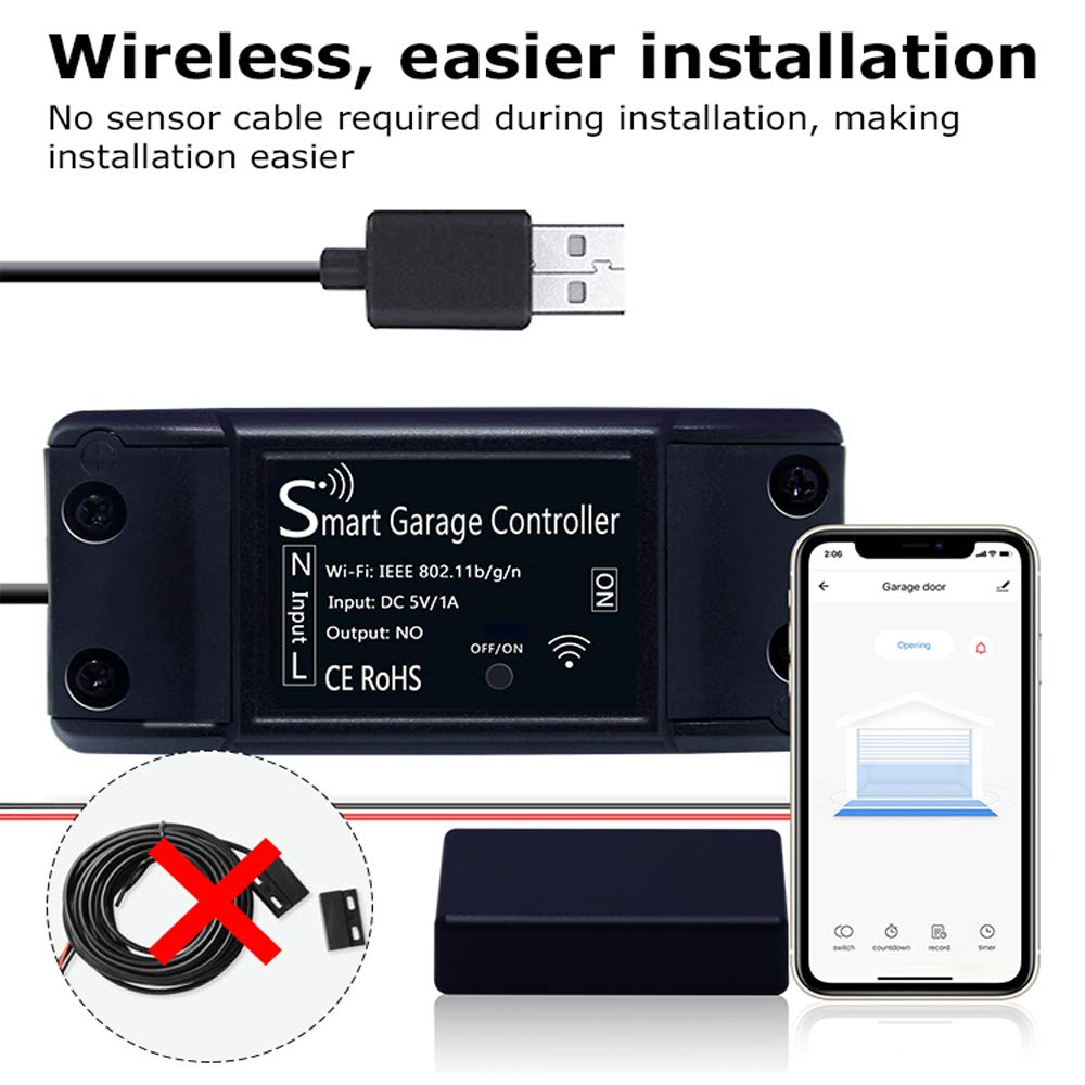 Wireless Smart Wi-Fi Garage Door Opener TUYA and Smart Life APP Real-time Monitoring, DIY Home Security