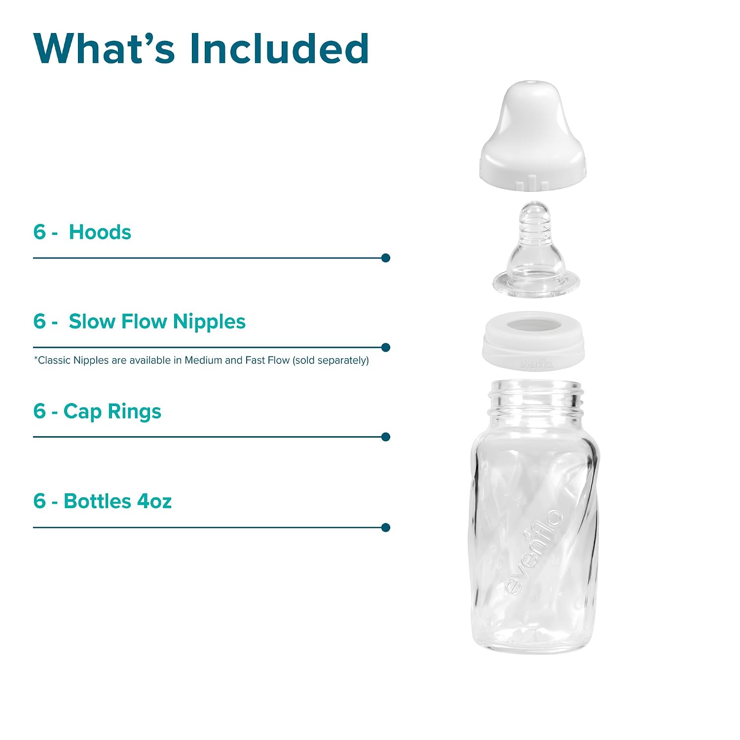Feeding Classic Glass, Twist Bottles, 4 Oz, 6 Bottles.
