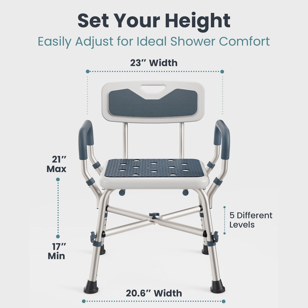 Shower Chair for Elderly and Disabled (450lb) with Padded Armrests and Back, Adjustable Height Shower Seat, Heavy