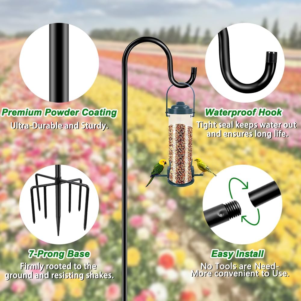 96" Shepherds Hooks for Outdoor, Heavy Duty Garden Bird Feeder Pole Hanging Bird Feeder, Solar Light Lanterns