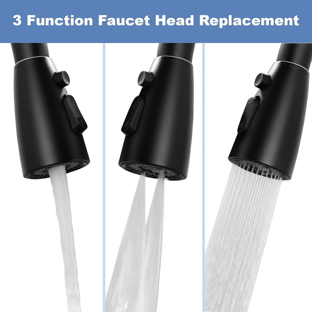 Kitchen Faucet Head Replacement Matte Black，3 Function Pull Out Spray Nozzle with 9 Adapters for Kitchen Sink