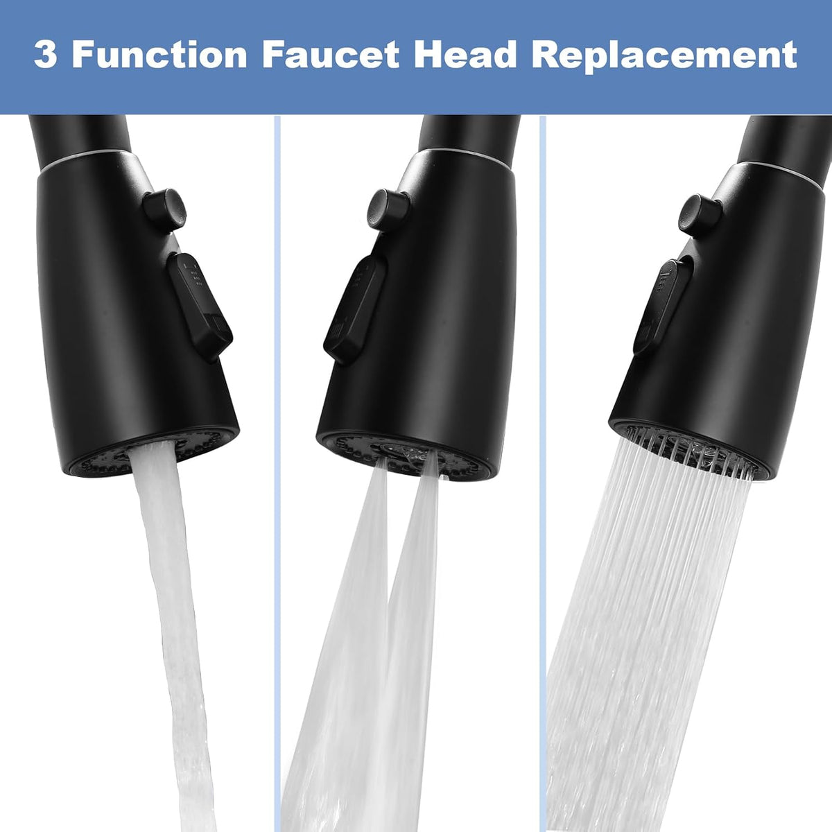 Kitchen Faucet Head Replacement Matte Black，3 Function Pull Out Spray Nozzle with 9 Adapters for Kitchen Sink