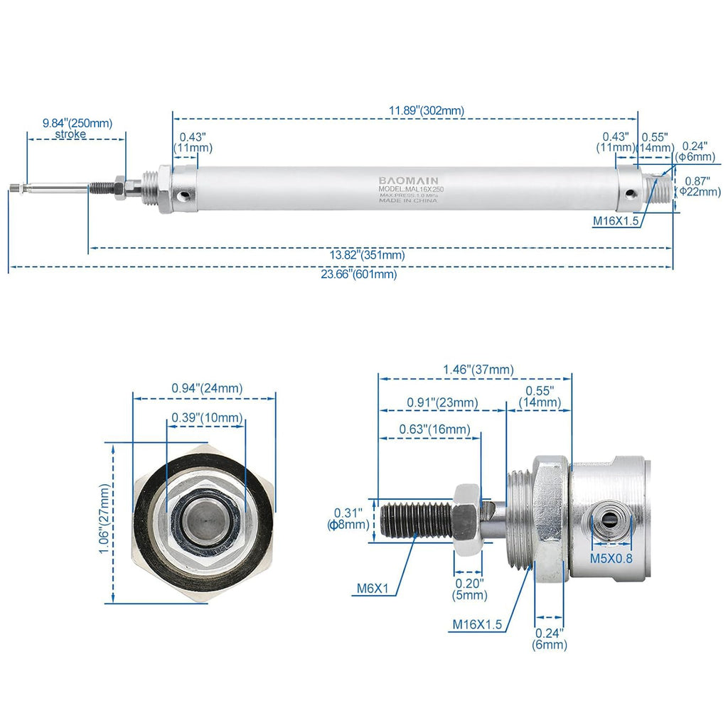 BAOMAIN Mini Pneumatic Air Cylinder 5/8" Bore 10" Stroke MAL 16x250