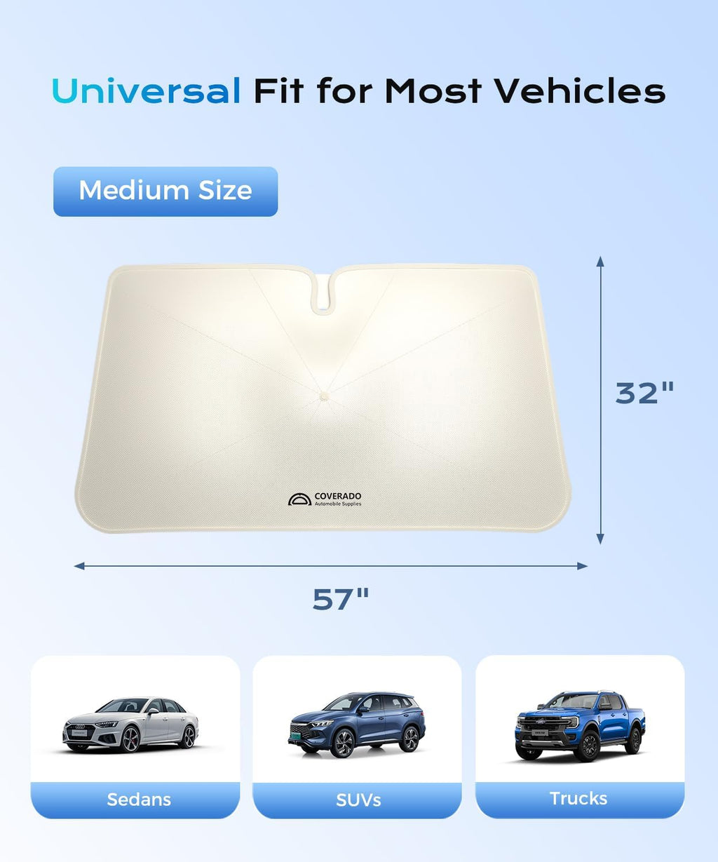 [2026 Upgrade] Coverado Windshield Sun Shade, UPF80+ Sunshade for Car Windshield Blocks Heat & UV Rays, Thickened