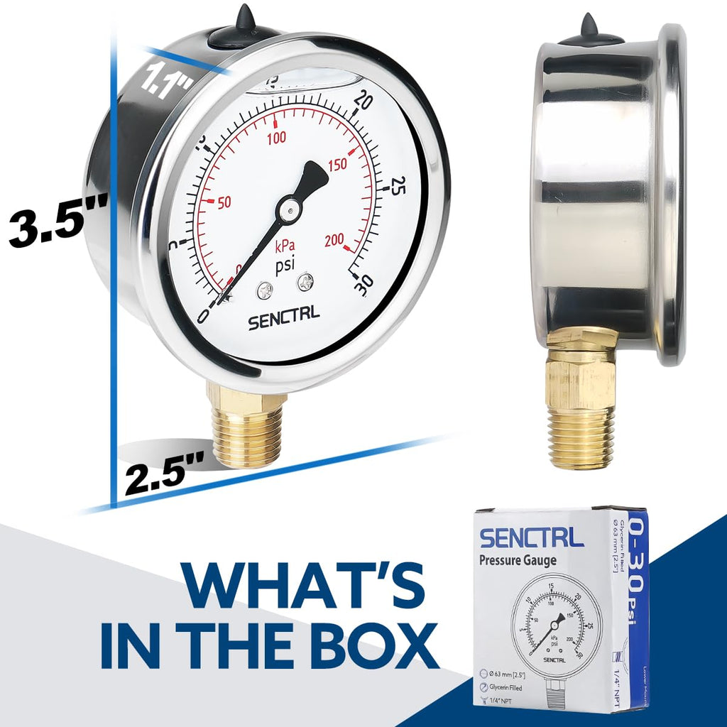 SENCTRL 0-30 PSI Liquid Filled Low Pressure Gauge, 1/4" NPT Lower Mount