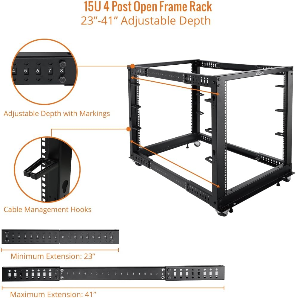 Tecmojo 15U Open Frame Server Rack,4-Post Adjustable Depth Rolling Network Rack for Computer/Data/AV/IT/Servers,Mobile Type