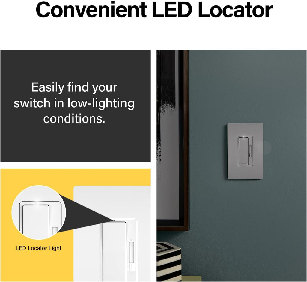Legrand Pass & Seymour Radiant LED Dimmer Light Switch, Single Pole with Locator, For Home Lighting Control, Interchangeable Faceplate White/Ivory/Light Almond, RH703PTUTCCCV4, 1 Count