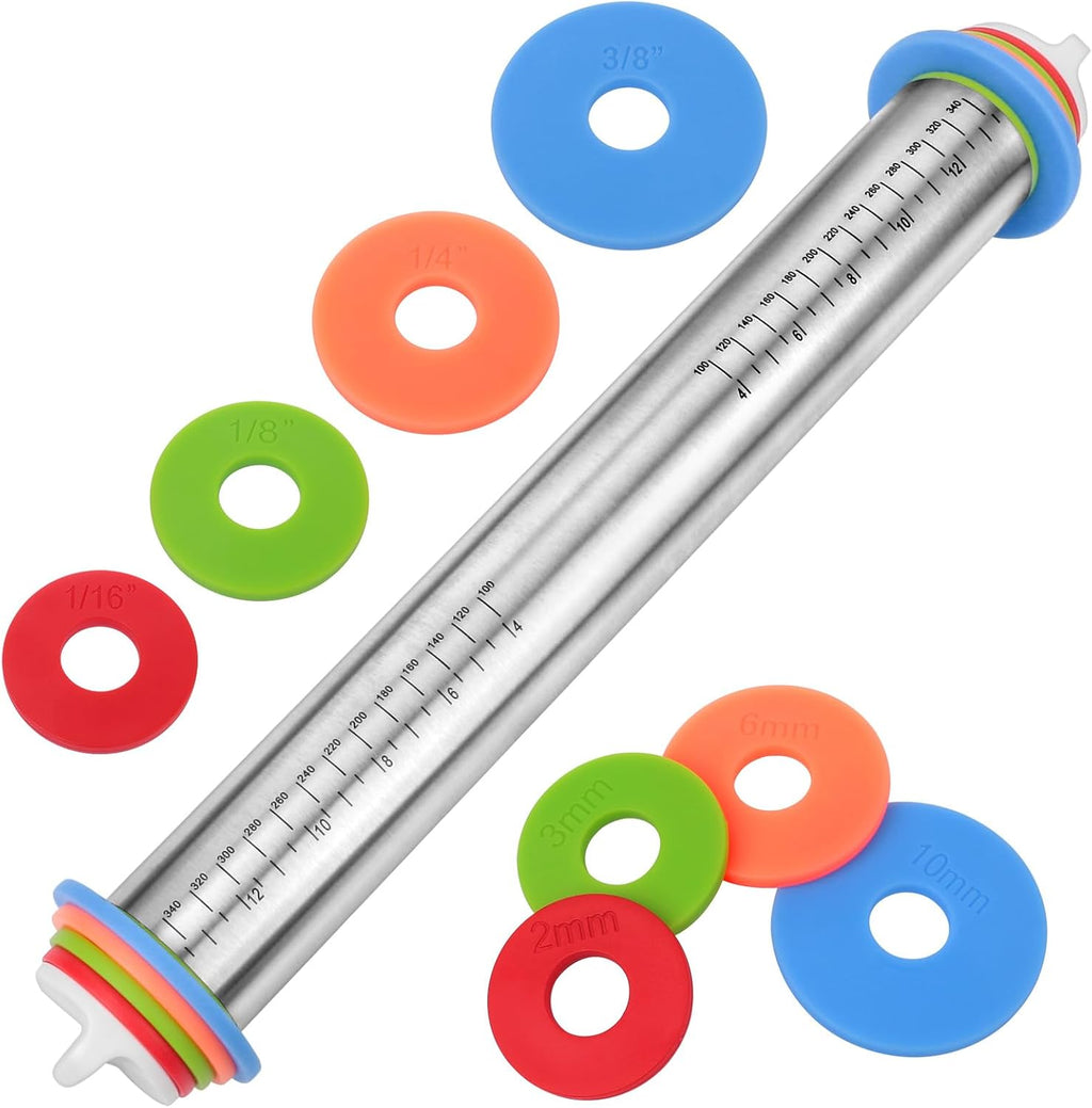 Adjustable Rolling Pin with Thickness Rings for Baking, Stainless Steel Designs Dough Roller Pins for Cookie